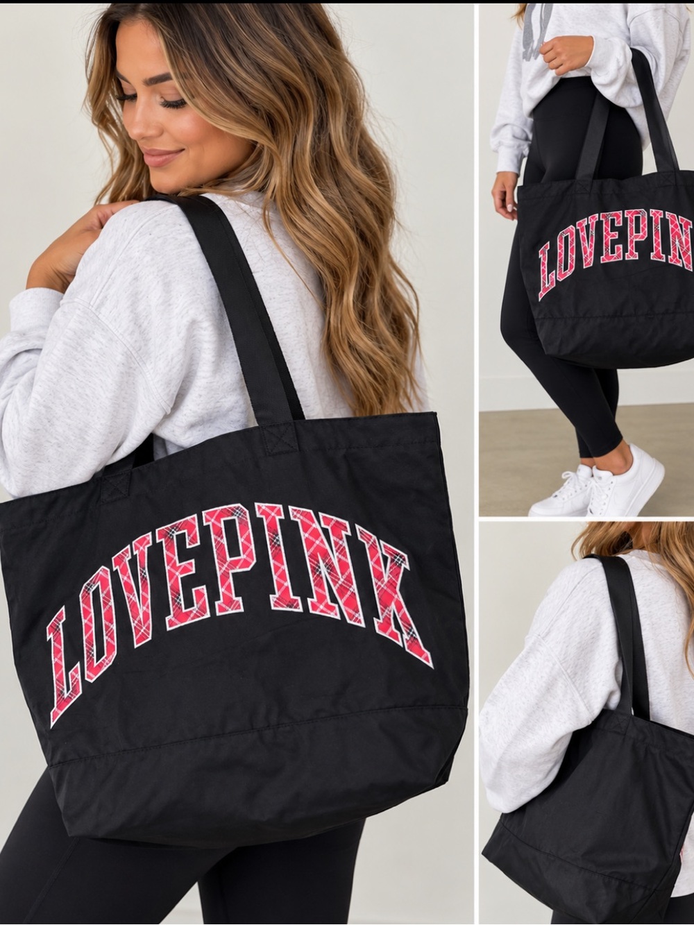 Victoria's Secret PINK Love Pink Large Black Zip Tote Bag New